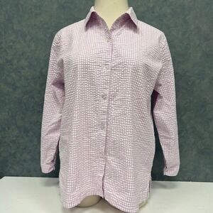 Susan Graver Seersucker‎ Button-Up Top Floral Trim Long Sleeve Shirt 1X